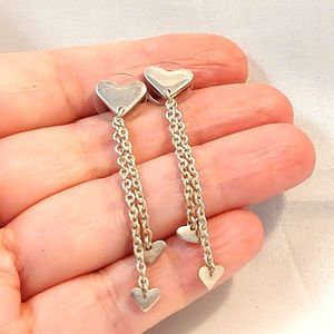 Vintage Silver drop chain hearts dangle Post Earrings (4g) NEW